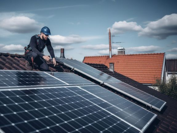 Tecnico instalando paneles solares en tejado